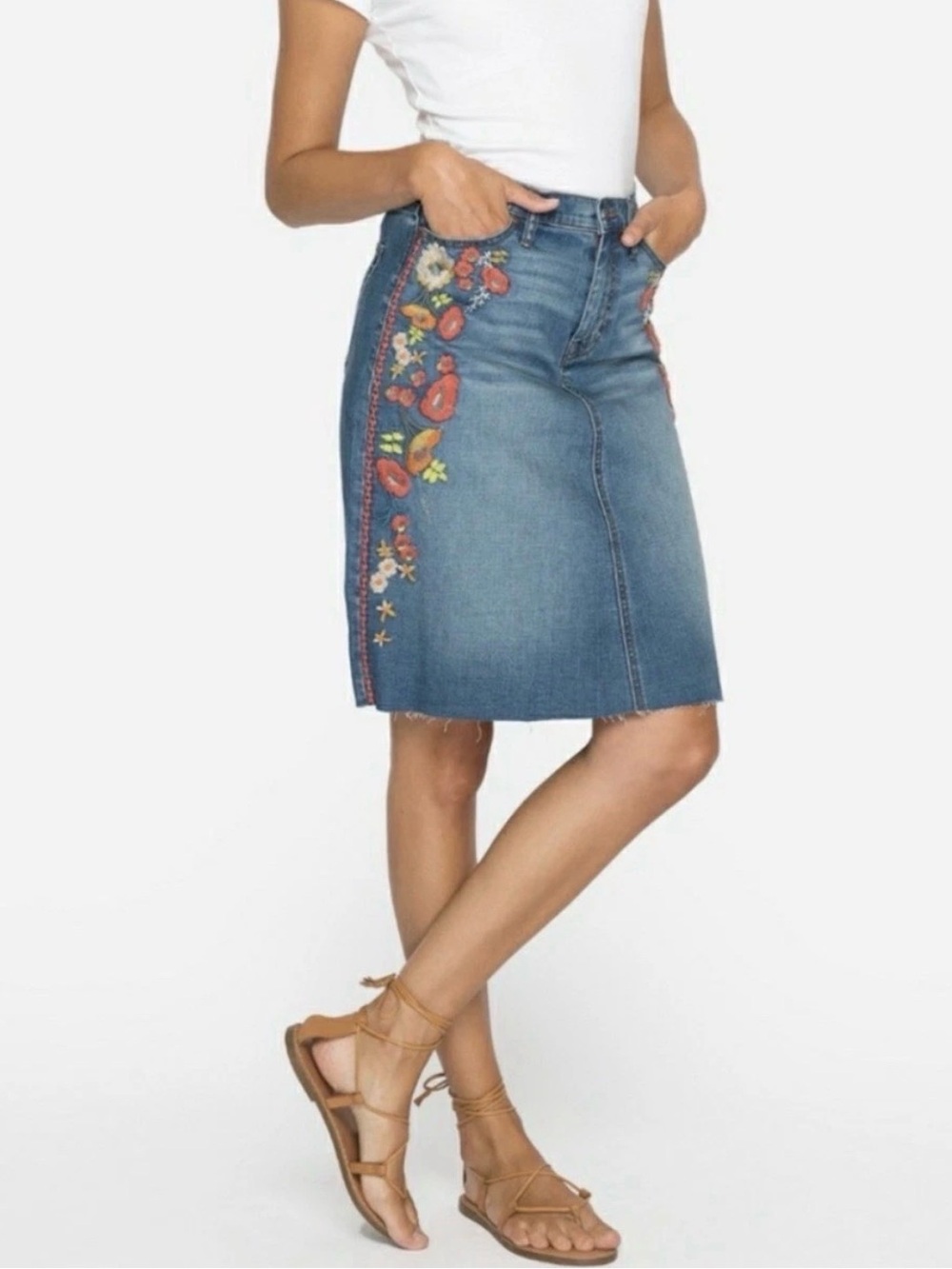 NWT Johnny Was Blue Denim Indigo Skirt with Multicolor Floral Embroidery Sz 31